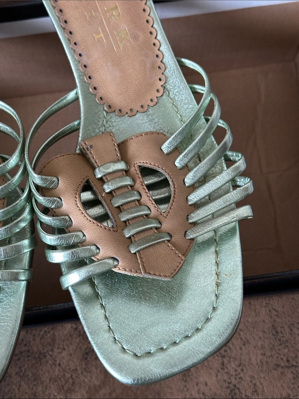 New York Transit Metallic Mint and Tan Slide Mules - Picture 5 of 12